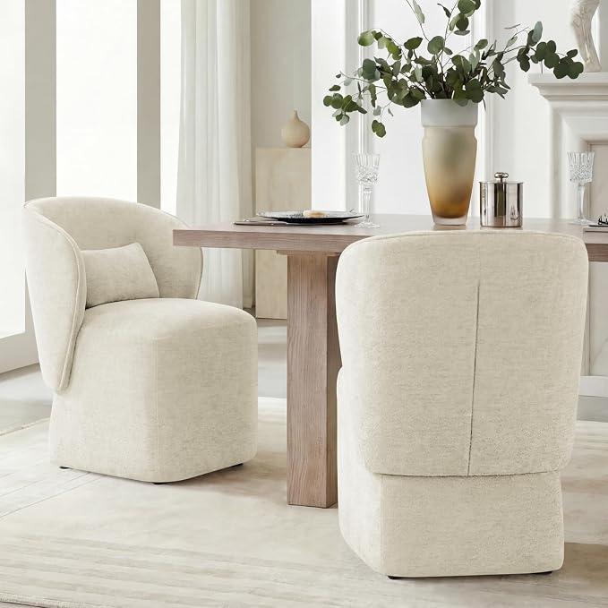 KISLOT Upholstered Dining Chairs with Wheels, Easy Assembly Stain Resistant Fabric Modern Barrel Armchair with Lumbar Cushion, Dining Room Chairs for Kitchen Living Room Bedroom, Beige, Set of 2