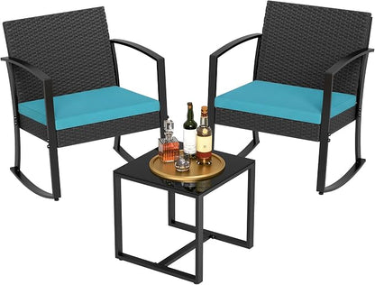 Homall Patio Furniture Set 3 Piece Resin Outdoor Bistro Set Rocking Patio Chairs with Cushions and Table for Porch, Poolside, Balcony and Yard (Blue)