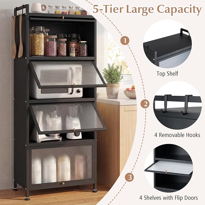 Giantex 5-Tier Kitchen Storage Cabinet, Freestanding Metal Pantry Cabinet w/ 4 Flip-up PC Doors, 4 Hooks & Adjustable Feet, 60” Tall Bakers Rack Microwave Stand for Dining Room, Living Room, Black