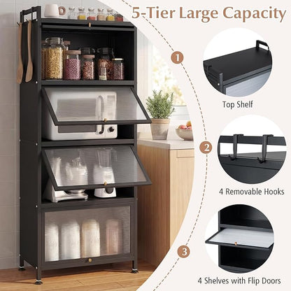 Giantex 5-Tier Kitchen Storage Cabinet, Freestanding Metal Pantry Cabinet w/ 4 Flip-up PC Doors, 4 Hooks & Adjustable Feet, 60” Tall Bakers Rack Microwave Stand for Dining Room, Living Room, Black
