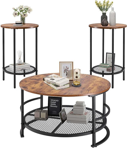 VEVOR 3 Pieces Round Coffee Table Sets, 31.5 in Industrial Living Room Table with 2 End Side Tables, Easy Assembly Coffee and End Tables Sets with Metal Legs, for Office, Living Room and Apartment