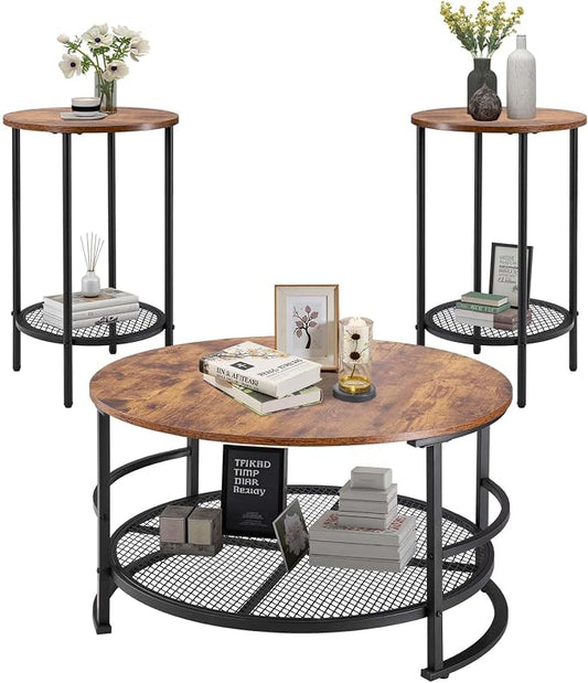 VEVOR 3 Pieces Round Coffee Table Sets, 31.5 in Industrial Living Room Table with 2 End Side Tables, Easy Assembly Coffee and End Tables Sets with Metal Legs, for Office, Living Room and Apartment