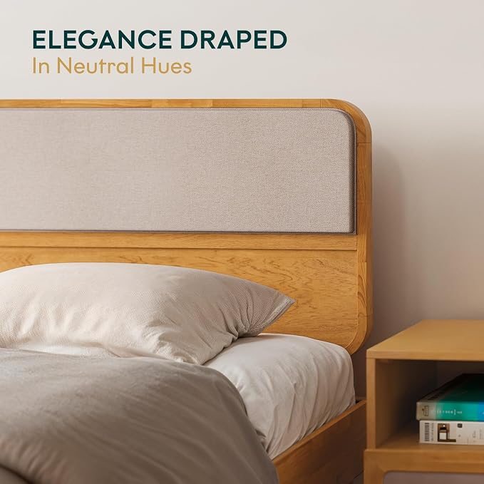 Bme Calista King Size Bed Frame – Solid Wood Platform Bed with Upholstered Headboard, Teak Brown Finish, Mid-Century Modern Style with Sturdy Slats & Tapered Legs, No Box Spring Needed