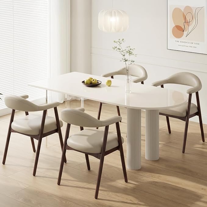 MALOL Leather Dining Chair with Armrest Set of 4, Upholstered Dining Room Chair with Curved Back and Wood Legs, Mid Century Modern Kitchen Chairs for Kitchen Dining Room,Khaki