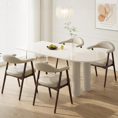 MALOL Leather Dining Chair with Armrest Set of 4, Upholstered Dining Room Chair with Curved Back and Wood Legs, Mid Century Modern Kitchen Chairs for Kitchen Dining Room,Khaki