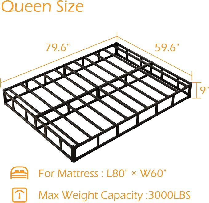Maenizi 9 Inch Box Spring for Queen Bed, Heavy Duty Metal Box Spring Bed Base with Fabric Cover, Mattress Foundation, Easy Assembly, Noise Free, Black