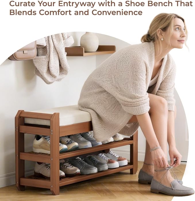 27.6" Bamboo Shoe Bench with Cushion, 5 Hooks Coat Rack, 2-Tier Storage Bench for Entryway, Heavy Duty Shoe Rack Organizer with Removable Soft Cushion for Living Room Bedroom Hallway