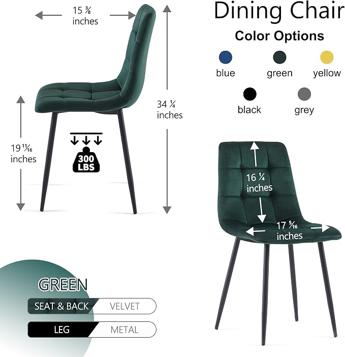 NORDICANA Forest Green Velvet Dining Chairs Set of 4, Upholstered Tufted Kitchen Chairs, Comfortable Seat, Metal Leg, Easy Assembly