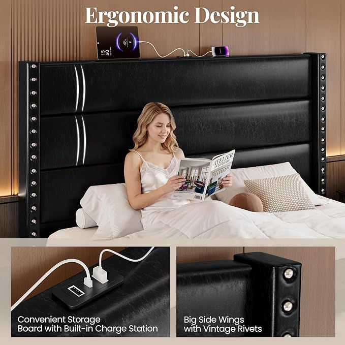 Queen Bed Frame with Storage Shelf & Charging Station, 55" Tall Headboard & 25.6" Footboard, Faux Leather Upholstered Platform Bed with Big Rivets Wingback, Heavy Duty & Noise-Free, Black