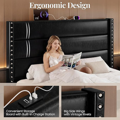 Queen Bed Frame with Storage Shelf & Charging Station, 55" Tall Headboard & 25.6" Footboard, Faux Leather Upholstered Platform Bed with Big Rivets Wingback, Heavy Duty & Noise-Free, Black