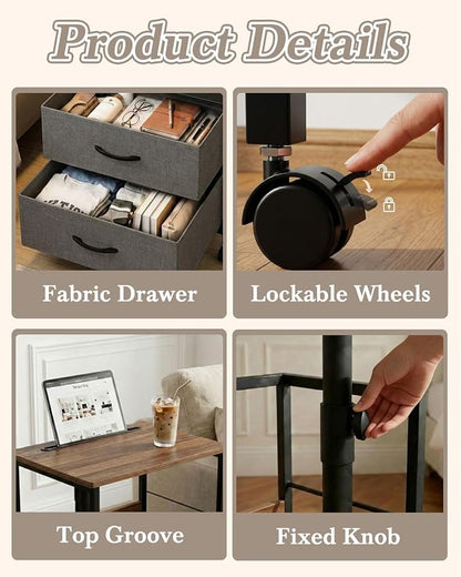 Faesun Swivel Lift Top Nightstand with Charging Station, Rolling Side Table for Recliner, Bedside Table with Wheels & 2 Fabric Drawers, for Small Spaces, for Bedroom, Living Room, Walnut Gray