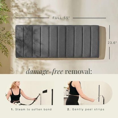 Hearth & Harbor Wall Mounted Full Headboard Only, Bed Headboard Full Size | Easy Assemble, Floating Peel and Stick, Upholstered, Channel Stitched, 3D Wall Panels, 5 Strips of 3M Tape Included, Grey