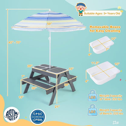 Costzon Kids Picnic Table with Sensory Bins, 4 in 1 Sand and Water Table with Height Adjustable Umbrella, Removable Tabletop, Wooden Kids Outdoor Table for Backyard Patio Play