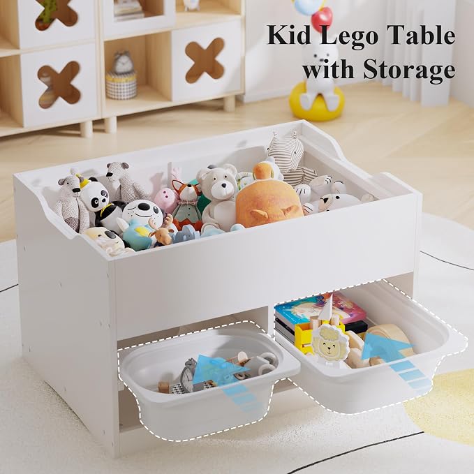 Easyego Kid Sensory Table with Storage - Activity Table with Building Block Boards & Foldable Storage Bins, Birthday Gifts for Boys and Girls - White