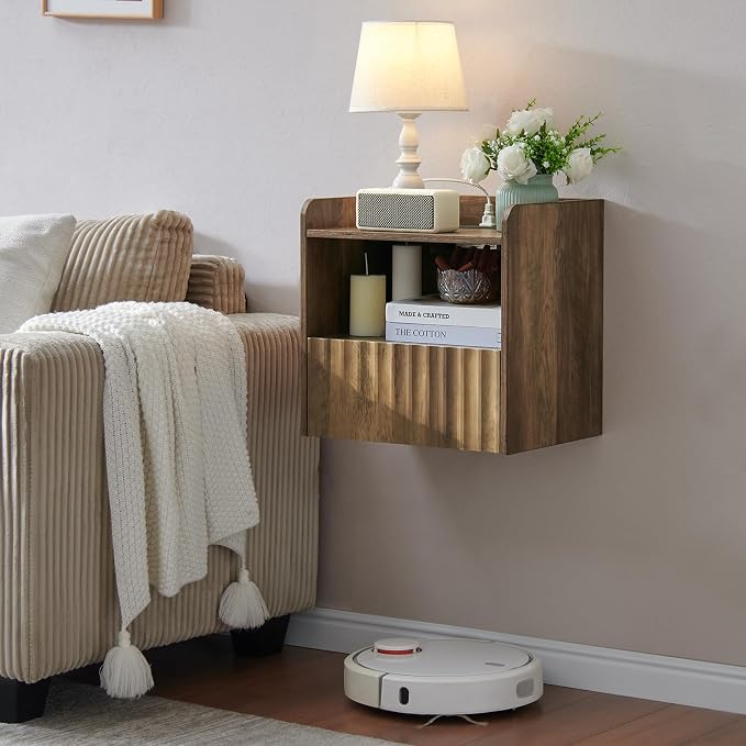 BuildHom Modern Fluted Floating Nightstand Wall Mounted - Bedside Table with Storage Drawer & Display Shelf, Minimalist Bedroom Furniture for Studio Apartments(Rustic Brown)