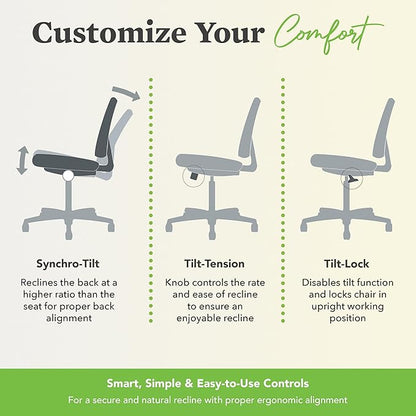 HON Volt Ergonomic Office Chair with Bonded Leather Seat and Back, Armless Desk and Computer Chair with Adjustable Center‑Tilt Recline and Wheels for Home Office or Workstation, Black