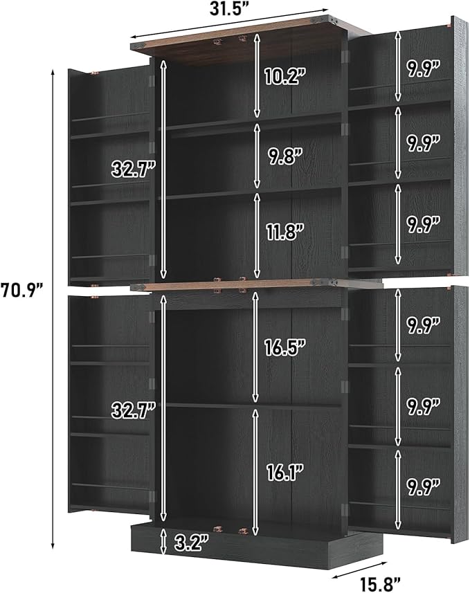 71" Tall Kitchen Pantry Cabinet, Farmhouse Tall Kitchen Storage Cabinet with Adjustable Shelves & 4 Barn Style Doors, Wooden Storage Cabinet for Kitchen, Dining Room, Living Room, Bathroom, Office