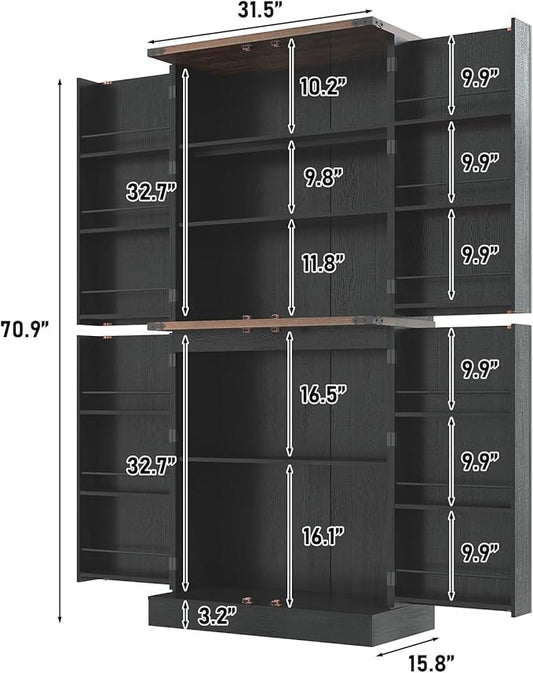 71" Tall Kitchen Pantry Cabinet, Farmhouse Tall Kitchen Storage Cabinet with Adjustable Shelves & 4 Barn Style Doors, Wooden Storage Cabinet for Kitchen, Dining Room, Living Room, Bathroom, Office