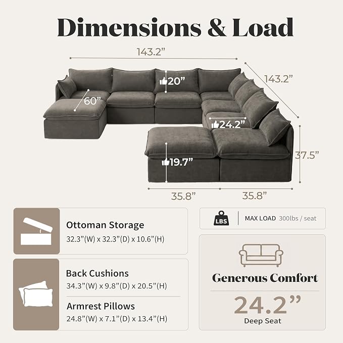 Cloud Modular Hosting Sectional, Oversized Deep Seat Comfort, Luxe Chenille | Fully Removable Washable Covers, Memory Foam Seat Cushions, Storage Ottoman, Premium Fabric