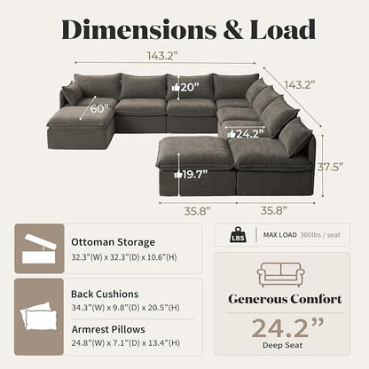 Cloud Modular Hosting Sectional, Oversized Deep Seat Comfort, Luxe Chenille | Fully Removable Washable Covers, Memory Foam Seat Cushions, Storage Ottoman, Premium Fabric