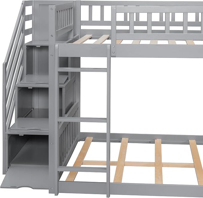 RUNNA Full Over Full Bunk Bed, Staircase with Drawers, Slide, Ladder | full over full bunk bed, staircase with drawers, convertible slide and ladder, solid pine wood, guardrails, no box spring