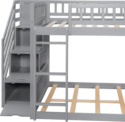 RUNNA Full Over Full Bunk Bed, Staircase with Drawers, Slide, Ladder | full over full bunk bed, staircase with drawers, convertible slide and ladder, solid pine wood, guardrails, no box spring