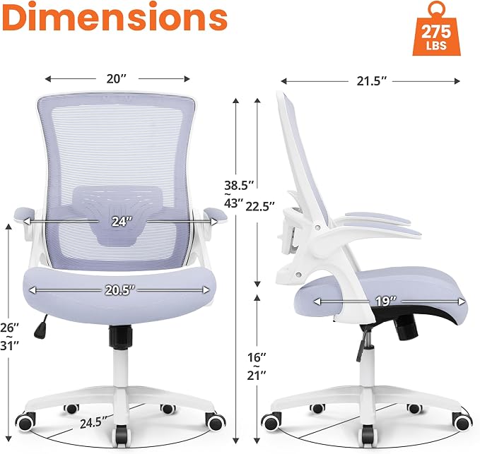 NEO Chair Office Desk Gaming Chair Computer High Back Mesh Seat with Rolling Wheels Ergonomic Adjustable Comfy Flip-up Armrests Lumbar Support Height for Home (Purple White Frame)