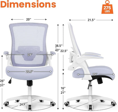 NEO Chair Office Desk Gaming Chair Computer High Back Mesh Seat with Rolling Wheels Ergonomic Adjustable Comfy Flip-up Armrests Lumbar Support Height for Home (Purple White Frame)