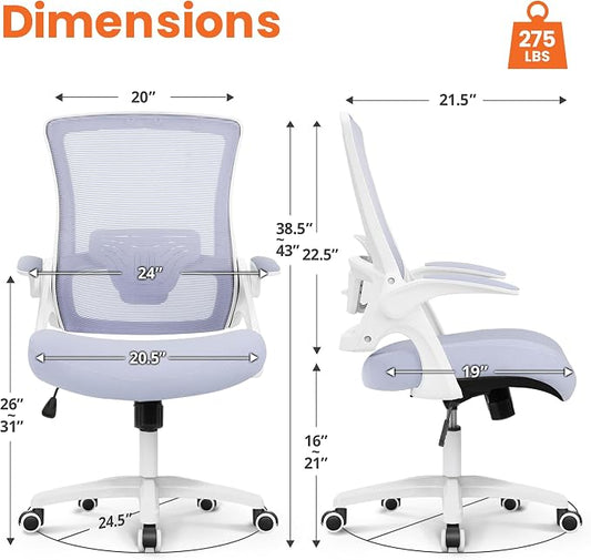NEO Chair Office Desk Gaming Chair Computer High Back Mesh Seat with Rolling Wheels Ergonomic Adjustable Comfy Flip-up Armrests Lumbar Support Height for Home (Purple White Frame)
