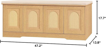 DINZI LVJ Shoe Bench, Entryway Storage Bench with Doors, Cushion, 2-Tier Shoe Rack with 8-Cubby, 47.2”L x 13.8”W Shoe Organizer Cabinet, Adjustable Shelf, Living Room, Bedroom, Natural with Rattan