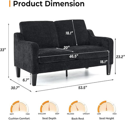 VINGLI Mid-Century Modern Loveseat Sofa Couch, Living Room 53" Love Seat 2 Seater Upholstered Comfy Couches with Scooped Armrest for Small Spaces, Dorm, Bedroom, Apartment, Office (Black)