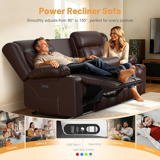 Dresegmt Power Loveseat Recliner Sofa, Zero Wall Hugger RV Reclining Loveseat Couch with Flip Middle Backrest Design, 3 Seat Reclining Sofa with Storage Drawer, Power Recliner for Living Room (Brown)