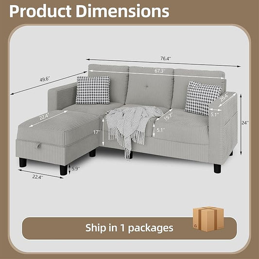 Convertible Sectional Sofa with Storage Ottoman, 77” L-Shaped 3-Seat Couch with Skin-Friendly Corduroy Fabric, Reversible Small Sectional for Small Space, Apartment, Living Room and Office (Grey)