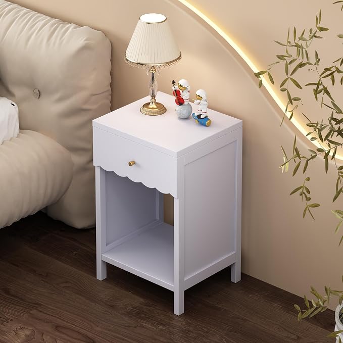 Cute Nightstand with Drawer and Open Shelf, Scalloped Edge Design Bedroom Bedside Table, Wood End Table for Kids Girls Bedroom, Light Purple