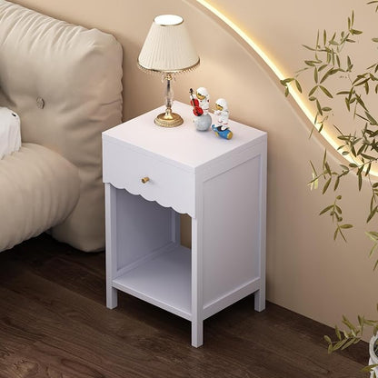 Cute Nightstand with Drawer and Open Shelf, Scalloped Edge Design Bedroom Bedside Table, Wood End Table for Kids Girls Bedroom, Light Purple