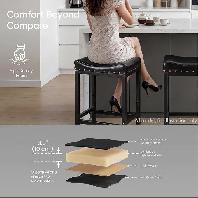 Forteek Counter Height Bar Stools, 30 Inch, Industrial Vintage Bar Stool with Nailhead, Faux Leather Barstool with Footrest, Saddle Stool for Kitchen Island, Dining Room, Easy Assembly
