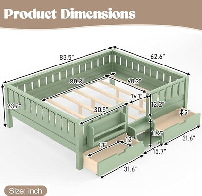 Bellemave Queen Bed with Storage Drawers & Bookshelf, Low Profile Kids Bed Frame with Staircase & Full Length Guardrails, Solid Wood Queen Bed for Kids with Slats Load 550LBS, Easy Assembly, Green