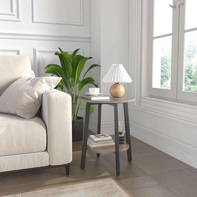 sthmec Side Table, Small Round End Table with Storage Shelf for Small Space, 2-Tier Bedside Table Sofa Couch Table, Round Accent Table Nighstands for Living Room, Bedroom, Grey