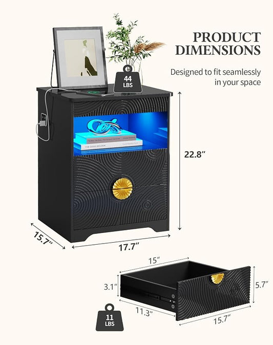 LED Nightstand with Gun Drawer, Modern Bedside Table with 3-Color Lights & Human Sensor, Smart Night Stand with Charger Station, 2 Drawers End Table for Bedroom, Black