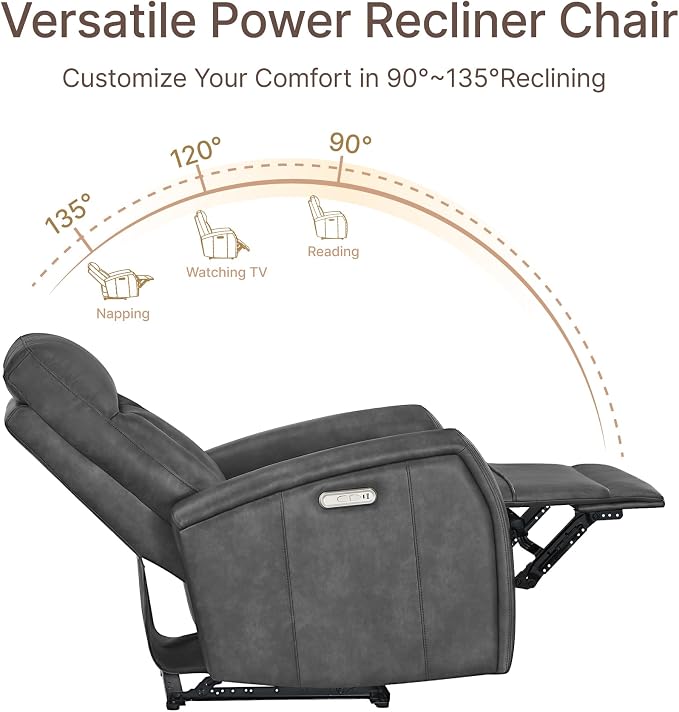 KISLOT Wall Hugger Power Recliner Chair with USB & Type-C Ports Faux Leather Recliner 135° Reclining Small Space Electric Sofa for RV Living Room Bedroom