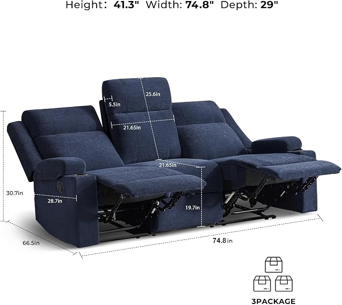 GUEAPY Large Manual Reclining Sofa 3-Seater Chenille Recliner Couch with Cup Holders, Wide Seat, Easy Assembly & Spill-Resistant Fabric Cozy Reclining Sofa for Living Room, Apartment, RV, Blue
