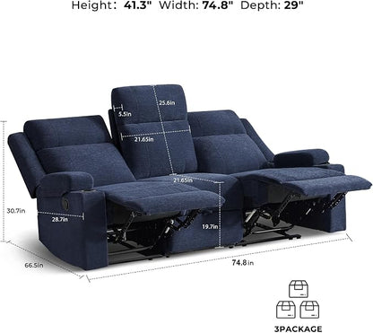 GUEAPY Large Manual Reclining Sofa 3-Seater Chenille Recliner Couch with Cup Holders, Wide Seat, Easy Assembly & Spill-Resistant Fabric Cozy Reclining Sofa for Living Room, Apartment, RV, Blue