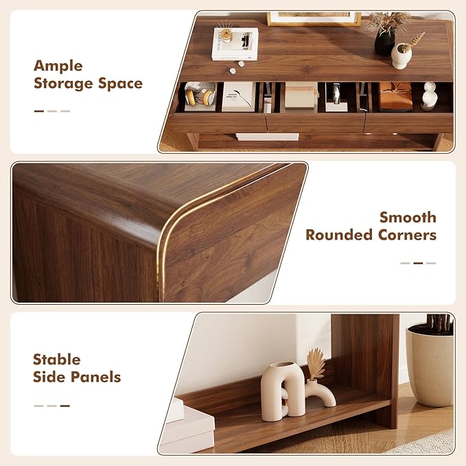 Nasonet Mid Century Modern Console Table, Entryway Table with 3 Storage Drawers, Wood Sofa Table Behind The Console Table for Entryway, Hallway, Living Room, Walnut