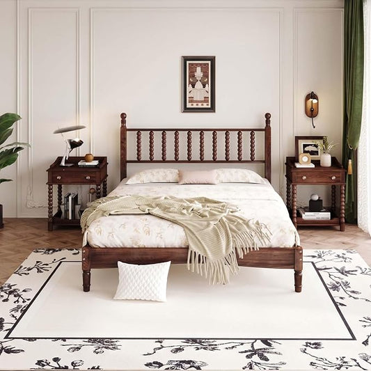 Walnut 3 Pieces Full Bedroom Set, Vintage Platform Bed Frame Full Size with 2 Nightstand, Wood Traditional Bedframe with Spindle Headboard, No Box Spring Required (Walnut, Full)