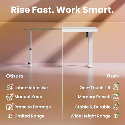 HUANUO Glass Standing Desk with Drawers, 35 X 20 Inch Electric Adjustable Height Desk, Quick Install One-Piece Tabletop with USB Charging Ports, White