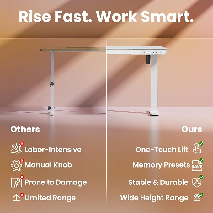 HUANUO Glass Standing Desk with Drawers, 48 X 24 Inch Electric Adjustable Height Desk, Quick Install One-Piece Tabletop with USB Charging Ports, White
