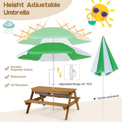 Costzon Kids Picnic Table with Sensory Bins, 4 in 1 Sand and Water Table with Height Adjustable Umbrella, Removable Tabletop for Outdoor Backyard Patio Play