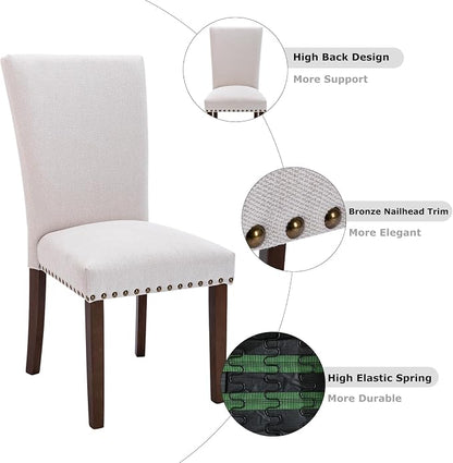 MALOL COLAMY Upholstered Parsons Dining Chairs Set of 2, Fabric Kitchen Side Chairs with Nailhead Trim and Wood Legs, Dining Room Chairs for Farmhouse Restaurant, Beige