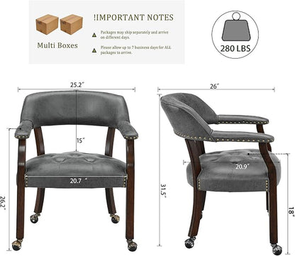 LEEMTORIG Set of 4 Dining Chairs with Casters and Arms, Rolling Dining Chairs with Wheel for Elderly, Ergonomic Wide Seat Wood Office Desk Chairs, 26"Dx25.2"W, Espresso Legs&Dark Grey Fabric SY-318-GY