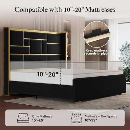 King Size Bed Frame with 55.12" Tall Headboard, Modern Luxury Velvet Upholstered Platform Bed with Gold Trim, Wide Wingback Design, Noise-Free, Easy Assembly, No Box Spring Needed, Black